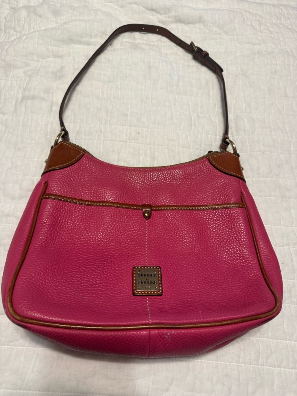 Dooney & Bourke Hot Pink Pebbled Leather Shoulder Bag with Brown Trim